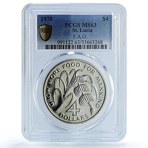 Saint Lucia 4 dollars FAO KM-11 Food Day MS 63 PCGS CuNi coin 1970