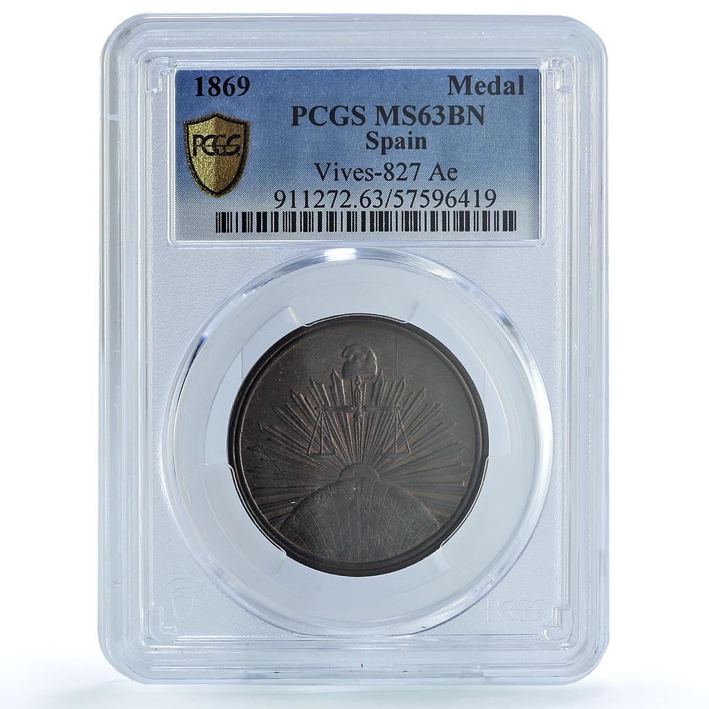 Spain Democratic Republicans Against Monarchy Vives-827 MS 63 PCGS BN medal 1869