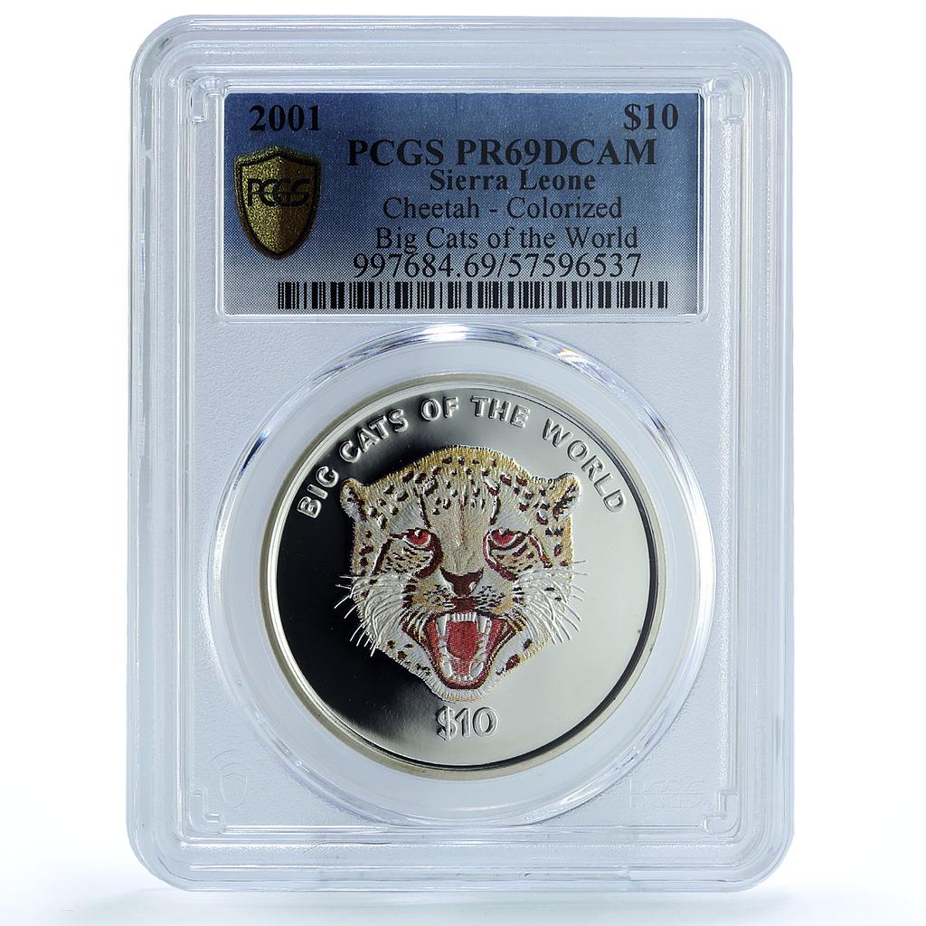 Sierra Leone 10 dollars Cheetah Coloured KM-248.2 Cat PR69 PCGS silver coin 2001 Sierra Leone 10 dollars Cheetah Coloured KM-248.2 Cat PR69 PCGS silver coin 2001