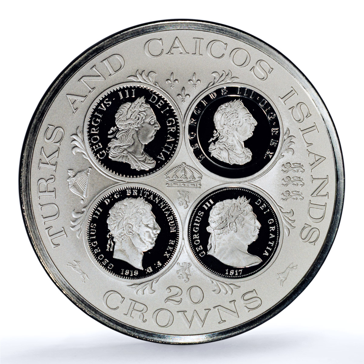 Turks and Caicos 20 crowns George III Obverses KM-18 PR 69 PCGS silver coin 1977