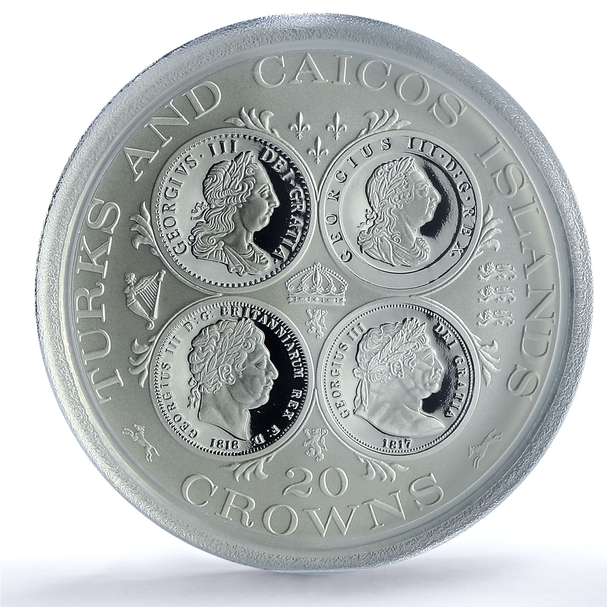 Turks and Caicos 20 crowns George III Obverses KM-18 PR 69 PCGS silver coin 1977