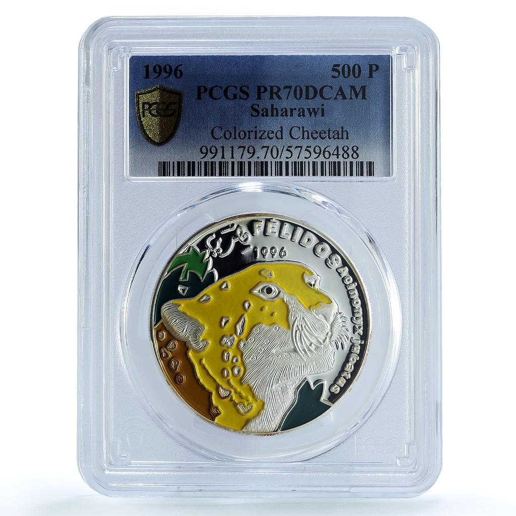 Saharawi 500 pesetas Cheetah Coloured KM-29 Fauna Cat PR70 PCGS silver coin 1996