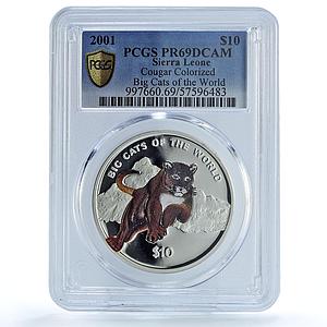 Sierra Leone 10 dollars Cougar Coloured KM-249.1 Cat PR 69 PCGS silver coin 2001