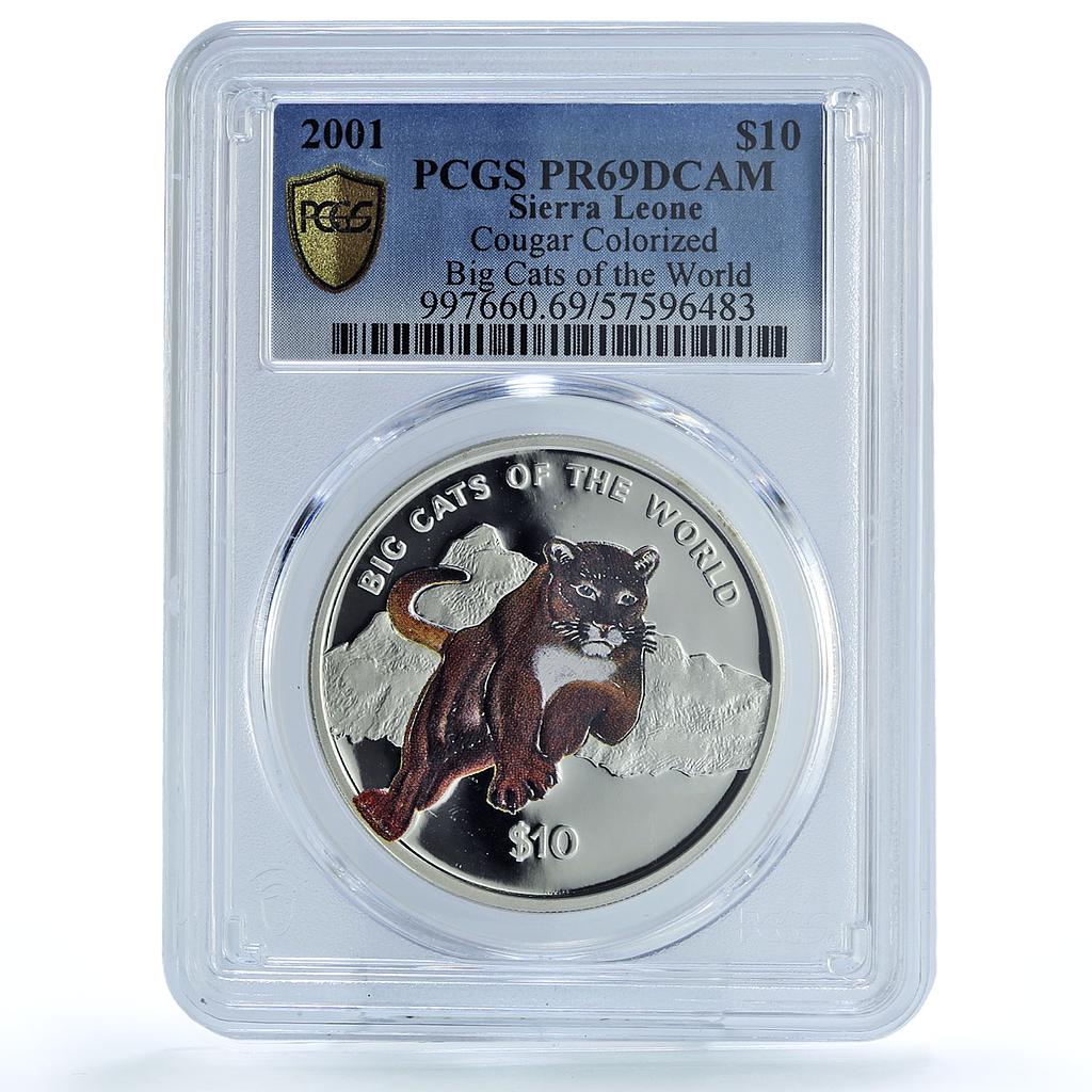Sierra Leone 10 dollars Cougar Coloured KM-249.1 Cat PR 69 PCGS silver coin 2001