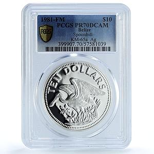 Belize 10 dollars Elizabeth II KM-65a Spoonbill Bird PR 70 PCGS silver coin 1981