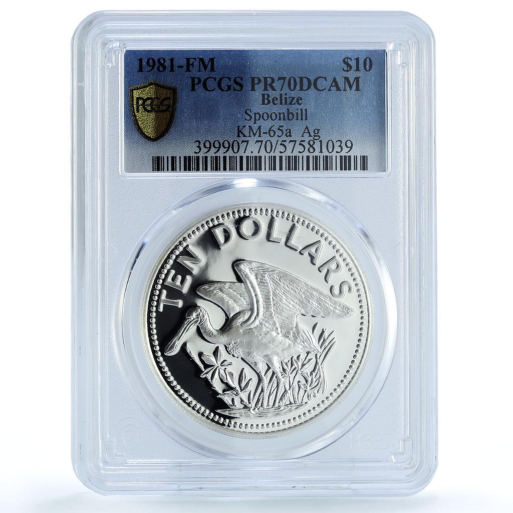 Belize 10 dollars Elizabeth II KM-65a Spoonbill Bird PR 70 PCGS silver coin 1981