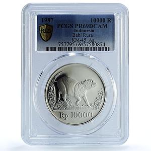 Indonesia 10000 rupiah Babi Rusa KM-45 Wildlife Pig PR 69 PCGS silver coin 1987