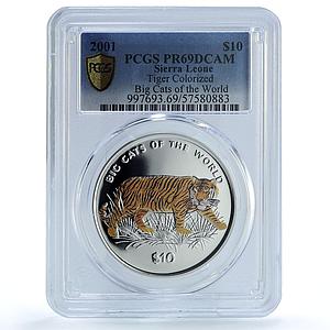Sierra Leone 10 dollars Tiger Coloured KM-247.2 Cat PR 69 PCGS silver coin 2001