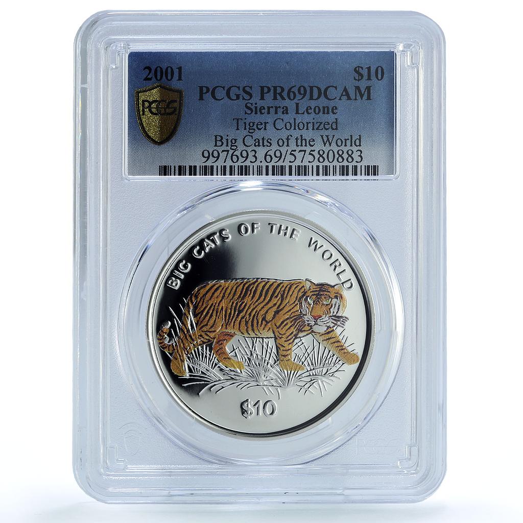 Sierra Leone 10 dollars Tiger Coloured KM-247.2 Cat PR 69 PCGS silver coin 2001