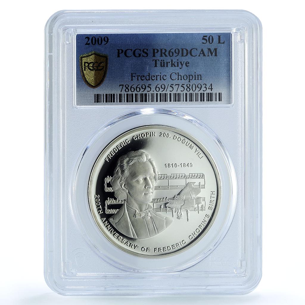 Turkey 50 lira Frederic Chopin KM-1252 Music Composer PR 69 PCGS Ag coin 2009