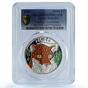 Congo 1000 francs Panther Coloured KM-25 Fauna Cat PR 69 PCGS silver coin 1996