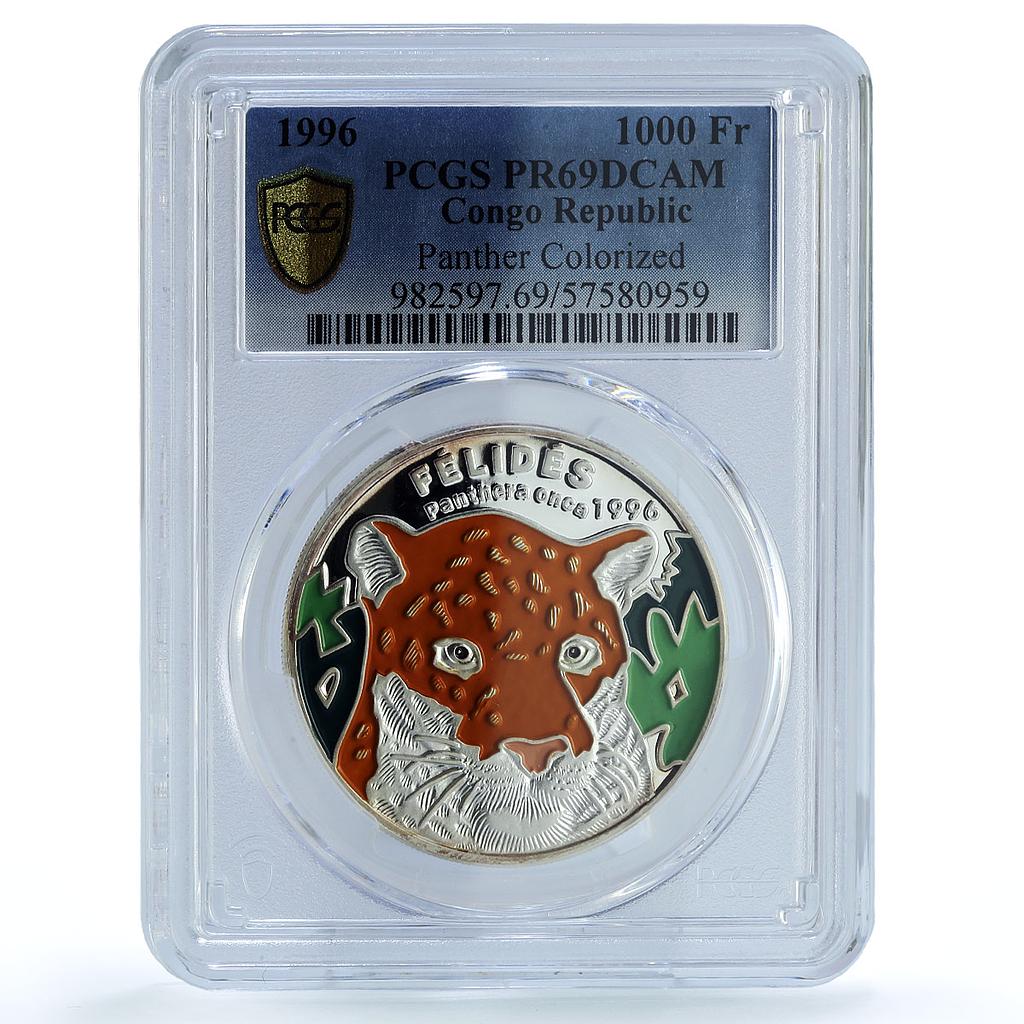 Congo 1000 francs Panther Coloured KM-25 Fauna Cat PR 69 PCGS silver coin 1996