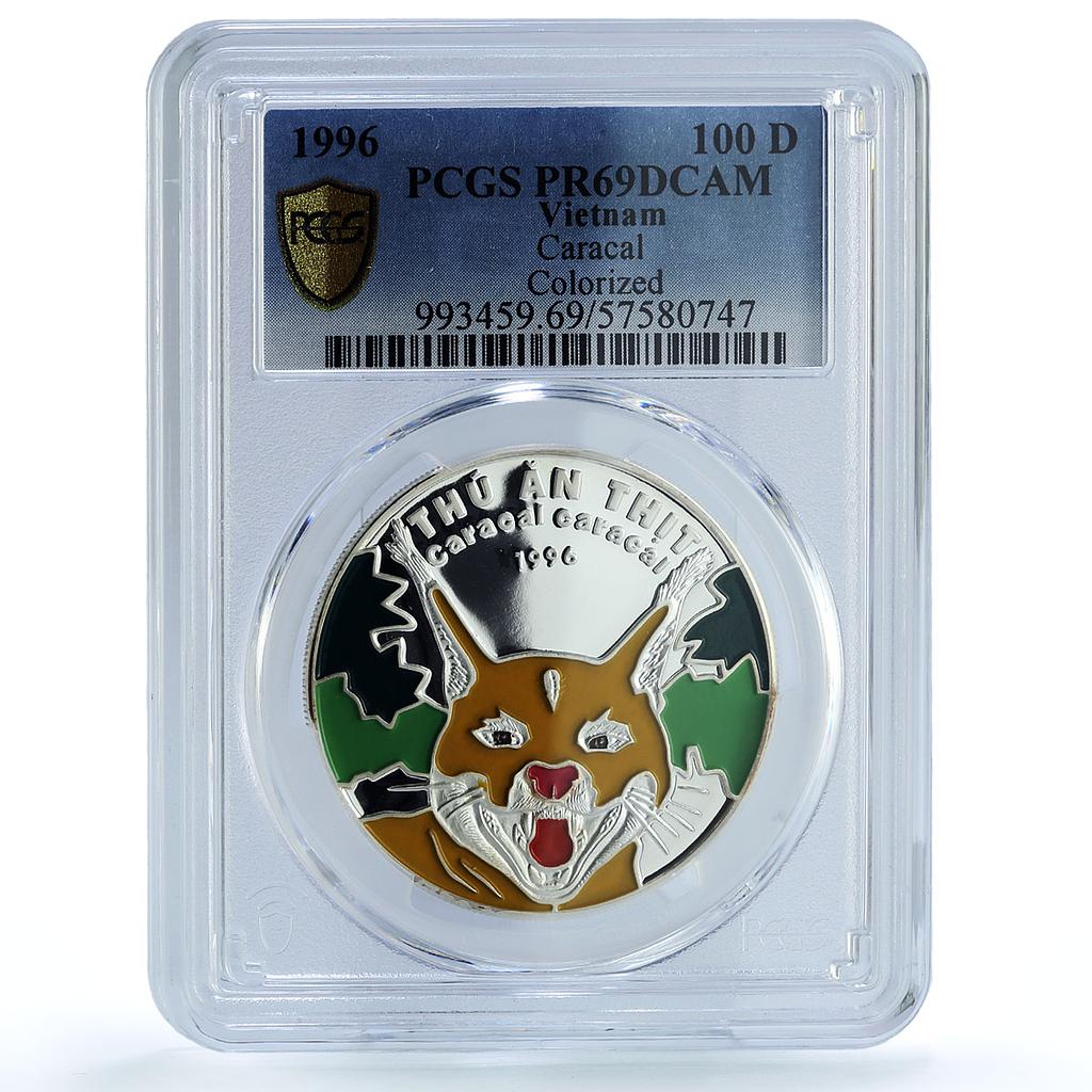 Vietnam 100 dong Caracal Coloured KM-48 Fauna Cat PR 69 PCGS silver coin 1996
