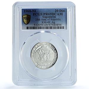 Yugoslavia 20 dinara AVNOJ Jajce NI Mark KM-49 PR 69 PCGS silver coin 1968
