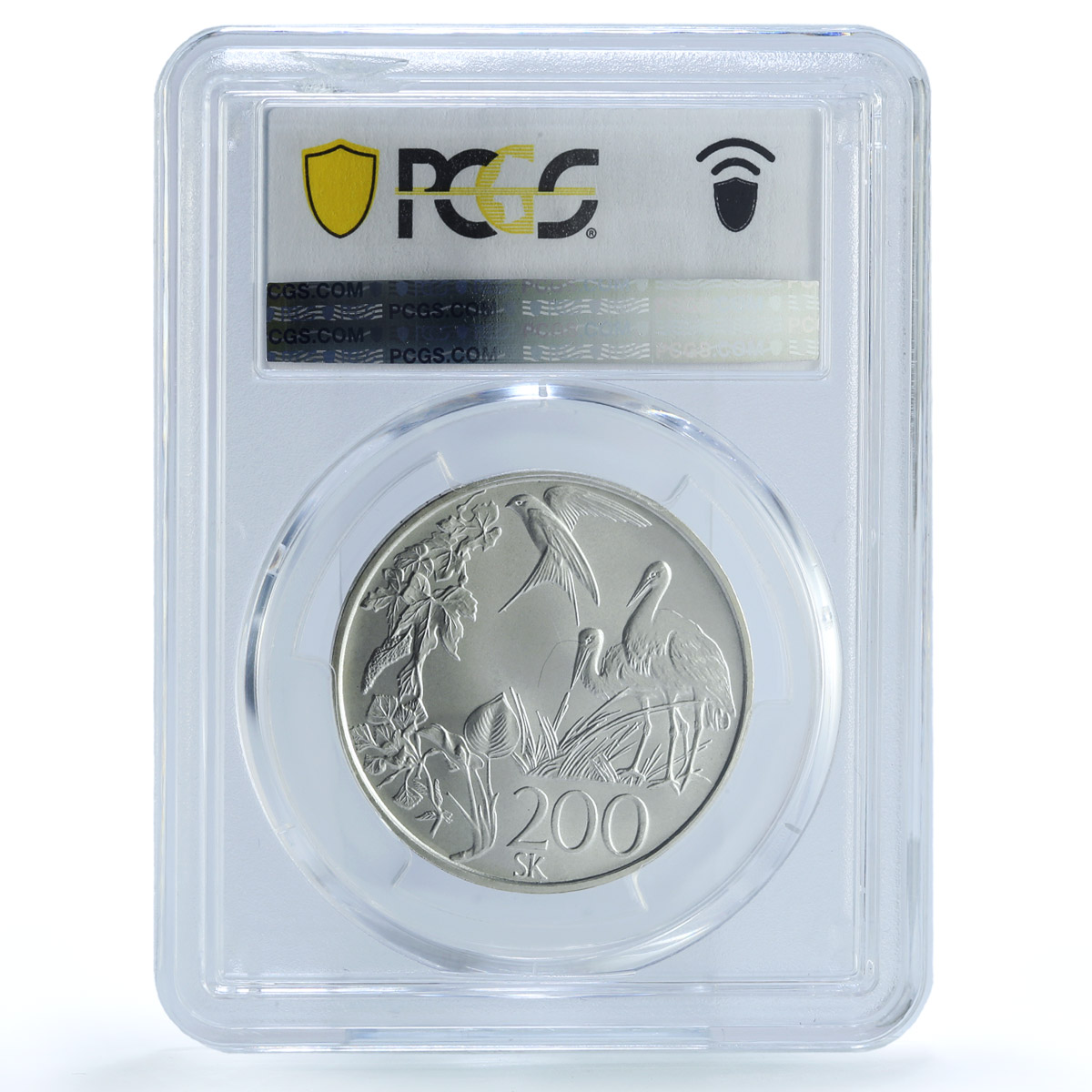 Slovakia 200 korun Endangered Wildlife Stork Bird Feeding MS65 PCGS Ag coin 1995