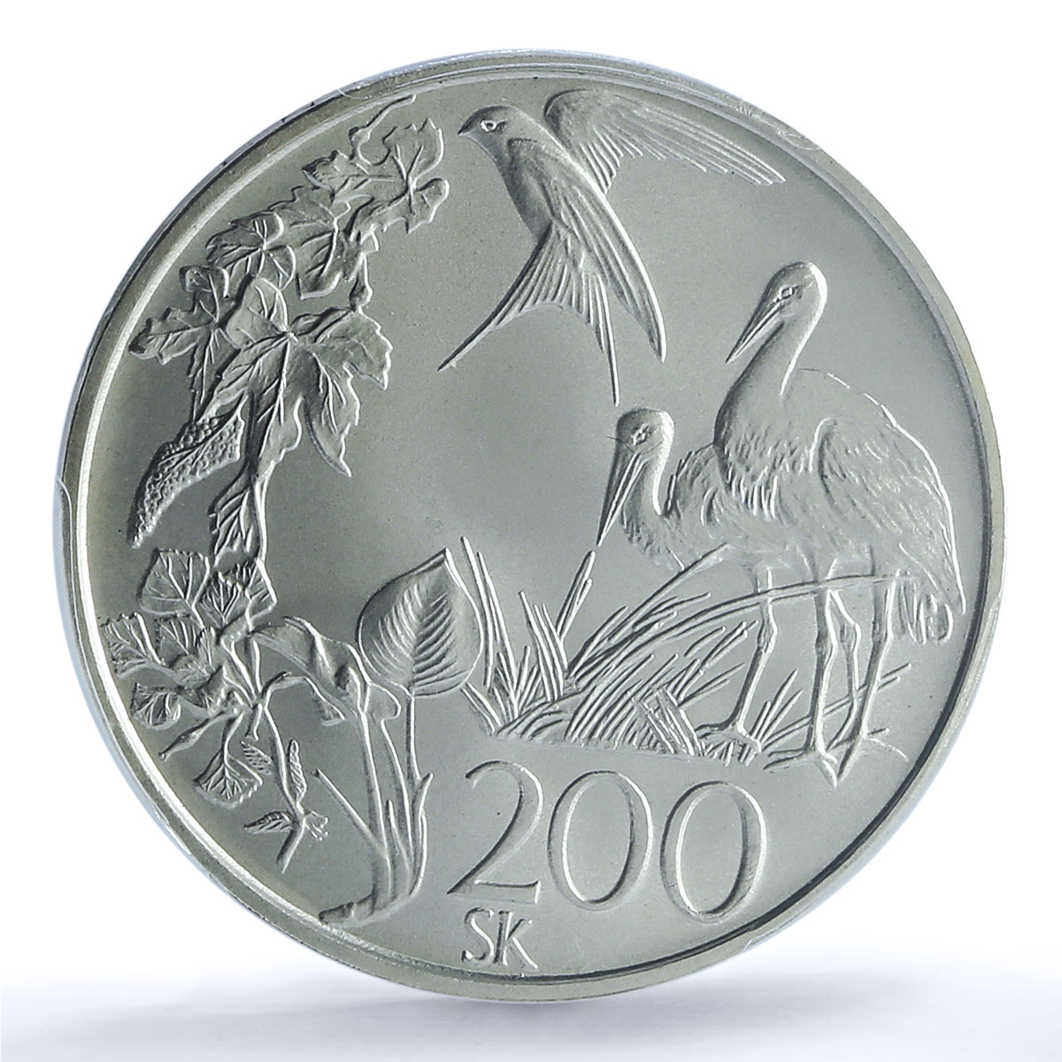 Slovakia 200 korun Endangered Wildlife Stork Bird Feeding MS65 PCGS Ag coin 1995