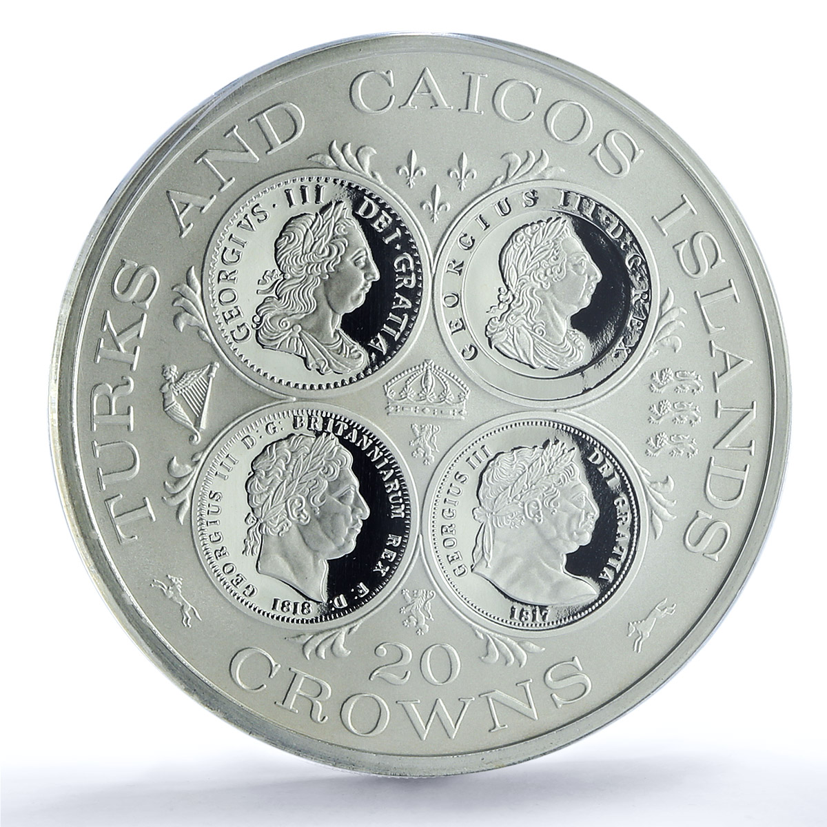 Turks and Caicos Islands 20 crowns George III PR68 PCGS silver coin 1977 Turks and Caicos Islands 20 crowns George III PR68 PCGS silver coin 1977