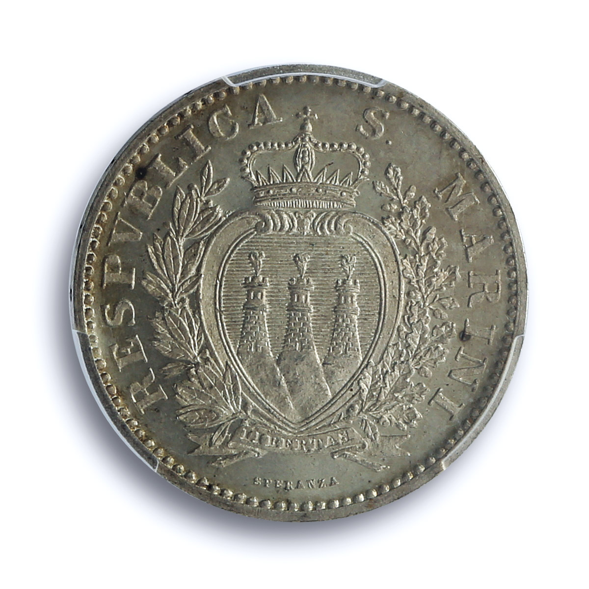 San Marino 1 lira Republic Coinage KM-4 MS65 PCGS silver coin 1898 R San Marino 1 lira Republic Coinage KM-4 MS65 PCGS silver coin 1898 R