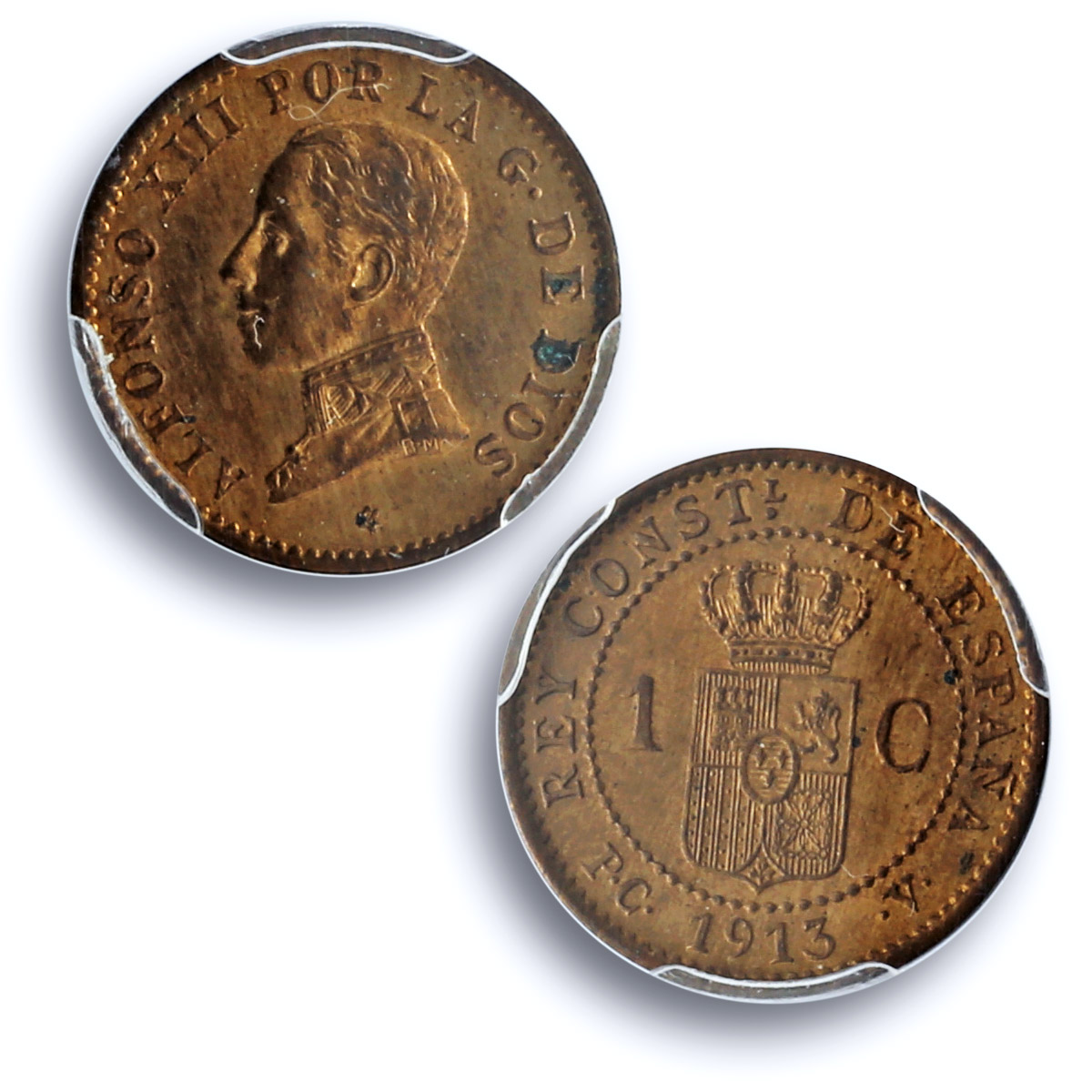 Spain 1 centimo Regular Coinage Alfonso XIII KM-731 MS64 PCGS bronze coin 1913 Spain 1 centimo Regular Coinage Alfonso XIII KM-731 MS64 PCGS bronze coin 1913