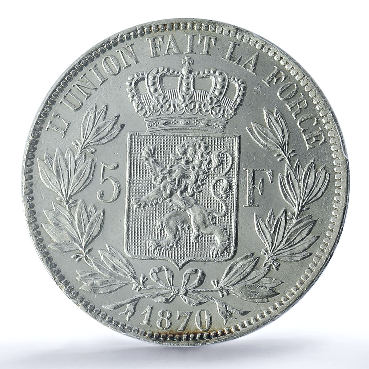 Belgium 5 francs Republic Coinage King Leopold II AU58 PCGS silver coin 1870 Belgium 5 francs Republic Coinage King Leopold II AU58 PCGS silver coin 1870