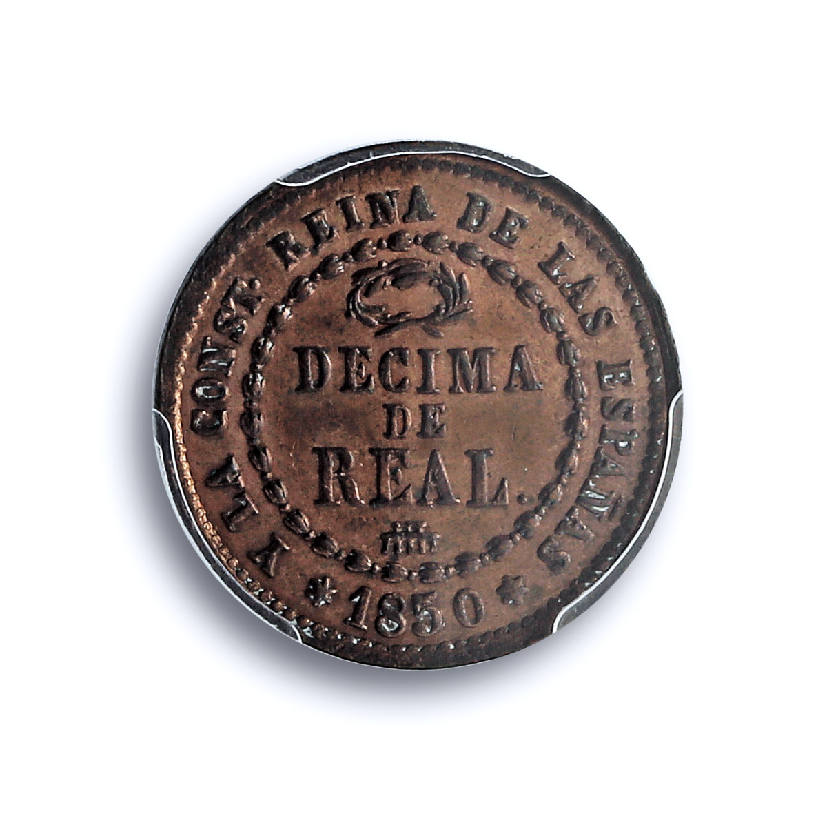 Spain 1/10 real Queen Isabella II Coinage Segovia KM-590 PCGS copper coin 1850 Spain 1/10 real Queen Isabella II Coinage Segovia KM-590 PCGS copper coin 1850