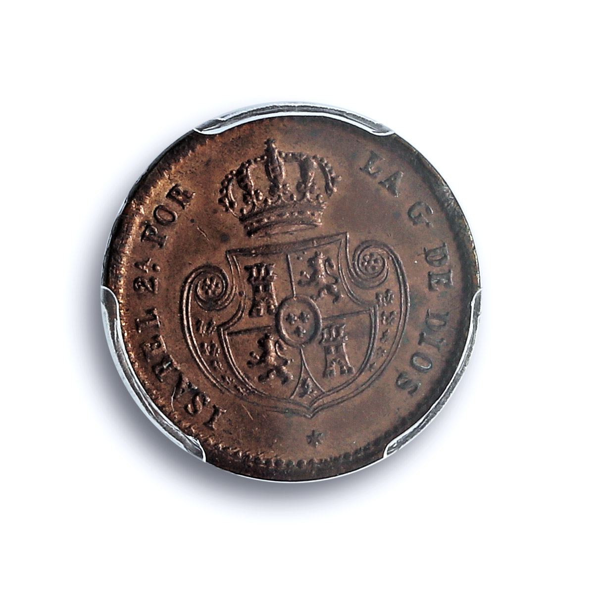 Spain 1/10 real Queen Isabella II Coinage Segovia KM-590 PCGS copper coin 1850 Spain 1/10 real Queen Isabella II Coinage Segovia KM-590 PCGS copper coin 1850