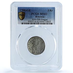 Czech Bohemia 3 kreuzers Leopold II Prague KM-590 MS62 PCGS silver coin 1700