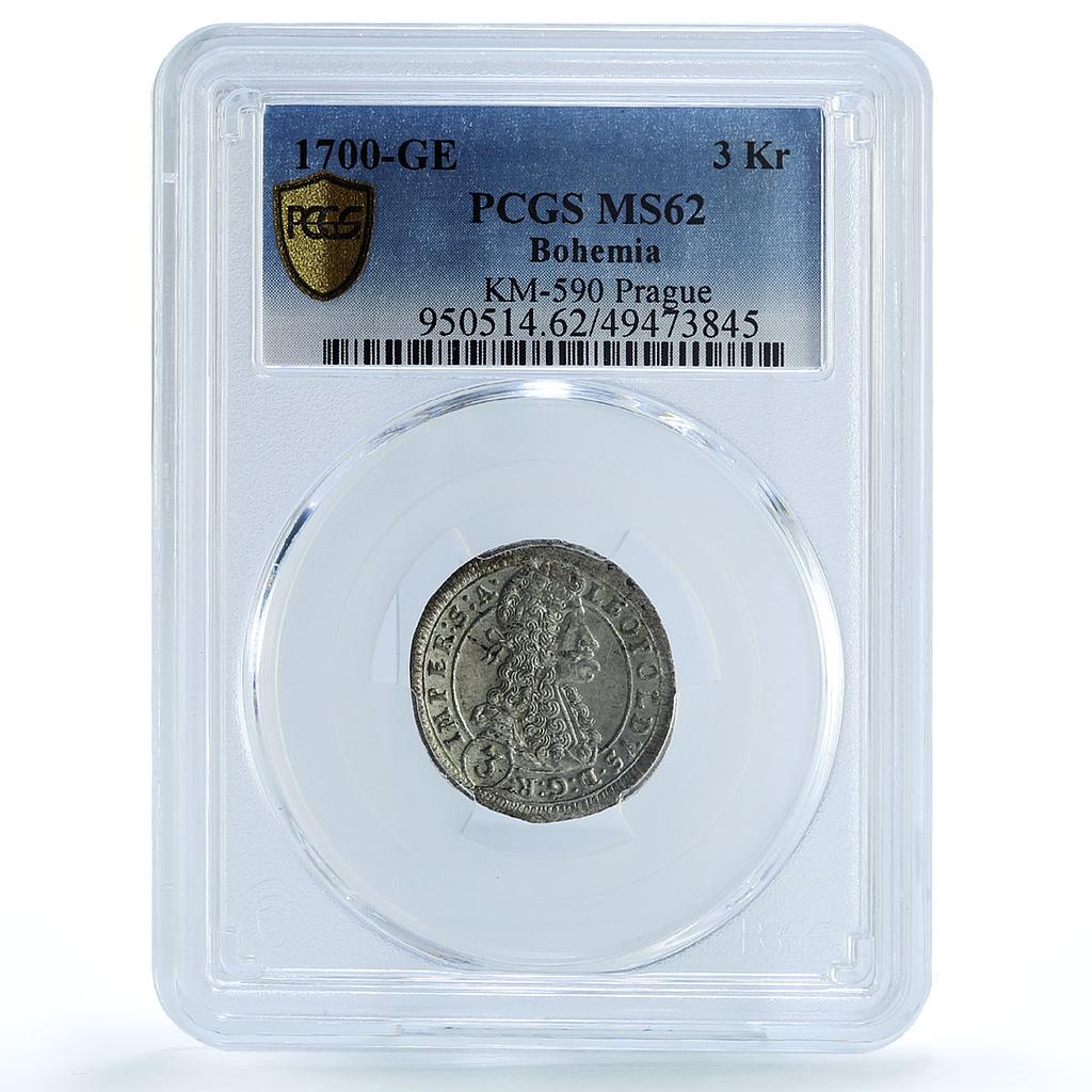 Czech Bohemia 3 kreuzers Leopold II Prague KM-590 MS62 PCGS silver coin 1700 Czech Bohemia 3 kreuzers Leopold II Prague KM-590 MS62 PCGS silver coin 1700