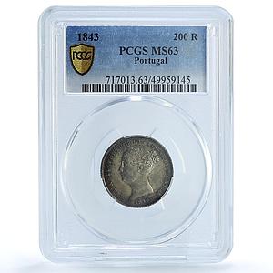 Portugal 200 reis Queen Maria II Coinage KM-474 MS63 PCGS silver coin 1843