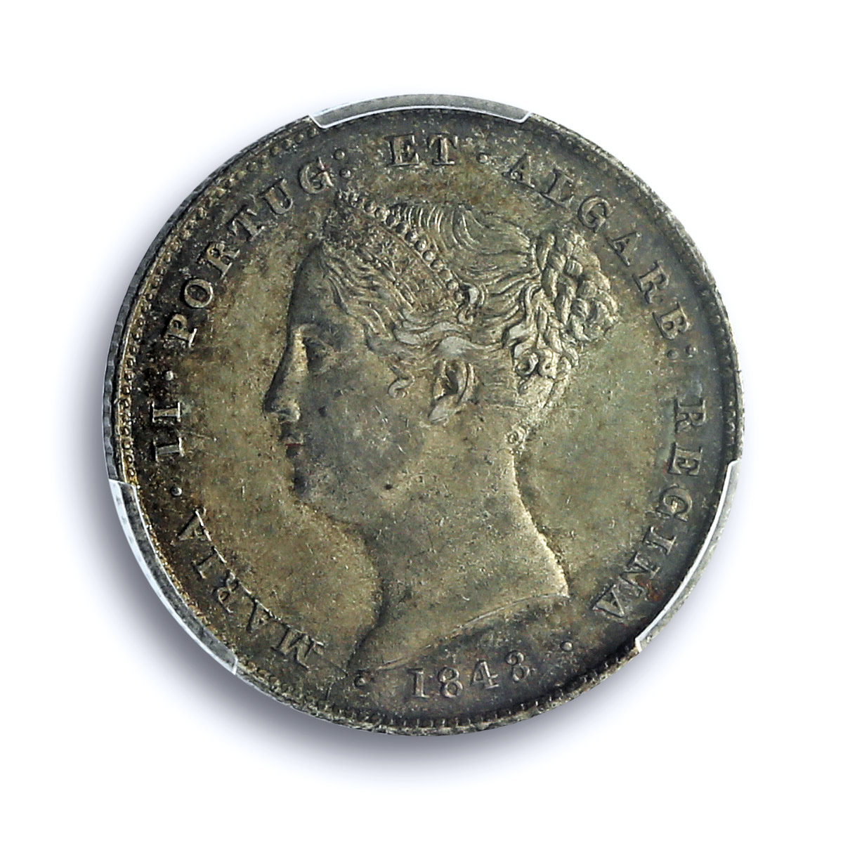Portugal 200 reis Queen Maria II Coinage KM-474 MS63 PCGS silver coin 1843 Portugal 200 reis Queen Maria II Coinage KM-474 MS63 PCGS silver coin 1843