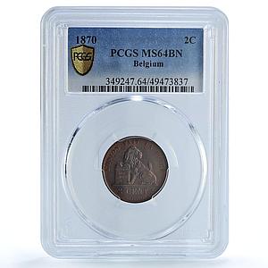Belgium 2 cents Leopold II Coinage Lion Arms French Legend MS64 PCGS coin 1870