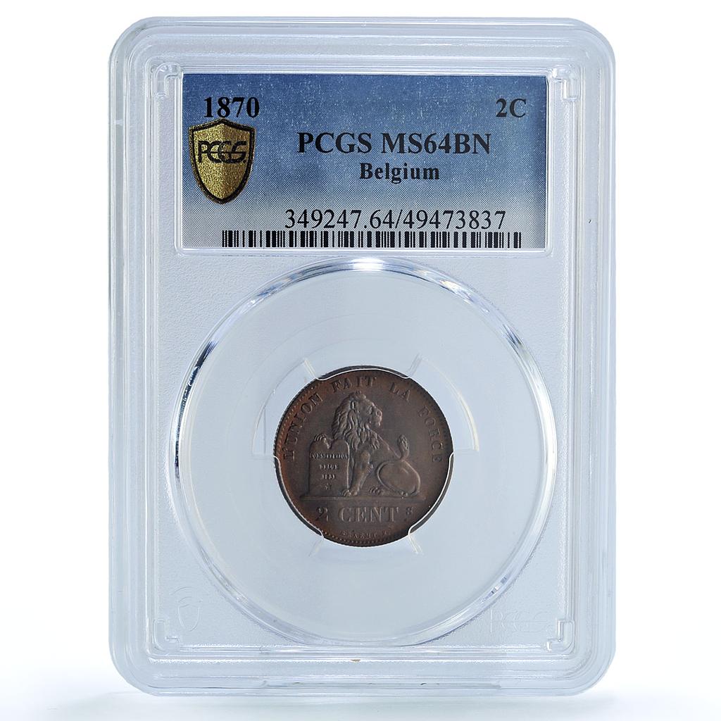 Belgium 2 cents Leopold II Coinage Lion Arms French Legend MS64 PCGS coin 1870 Belgium 2 cents Leopold II Coinage Lion Arms French Legend MS64 PCGS coin 1870