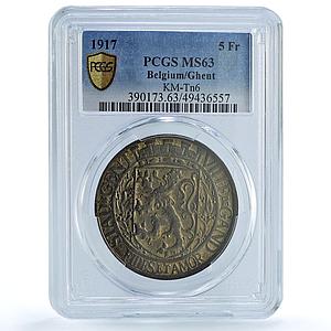 Belgium Ghent 5 franken German Occupation Coinage KM-Tn6 MS63 PCGS coin 1917