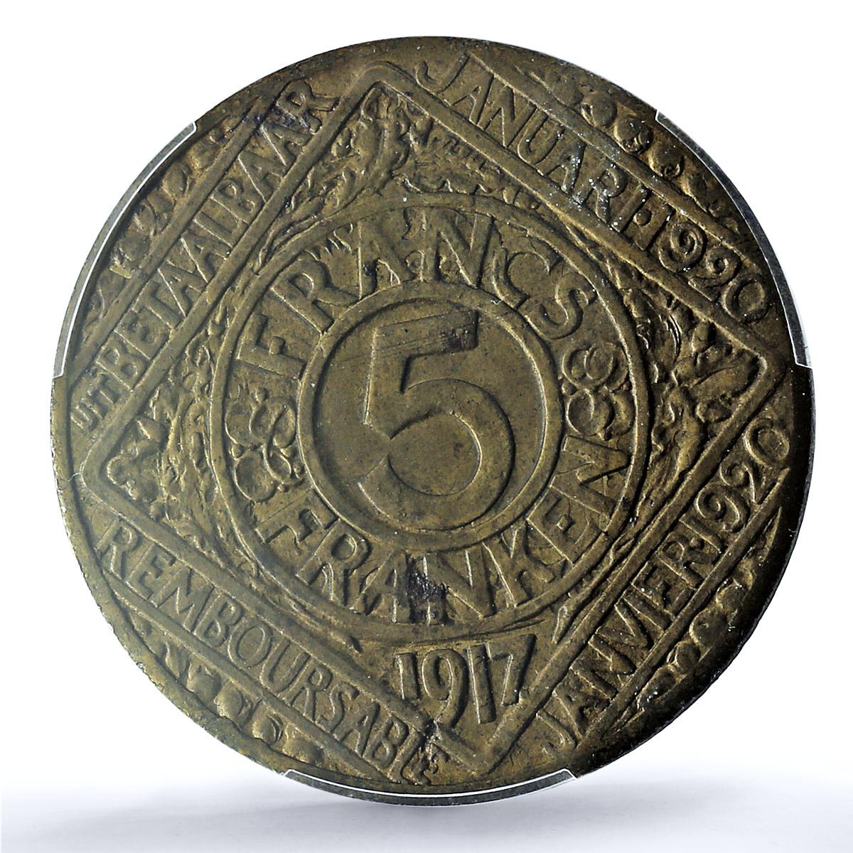 Belgium Ghent 5 franken German Occupation Coinage KM-Tn6 MS63 PCGS coin 1917 Belgium Ghent 5 franken German Occupation Coinage KM-Tn6 MS63 PCGS coin 1917