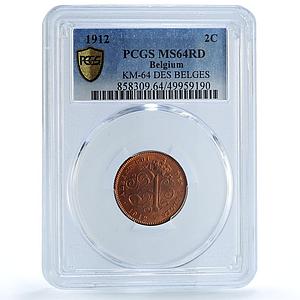 Belgium 2 cents Albert I Coinage Lion Arms French Legend MS64 PCGS Cu coin 1912