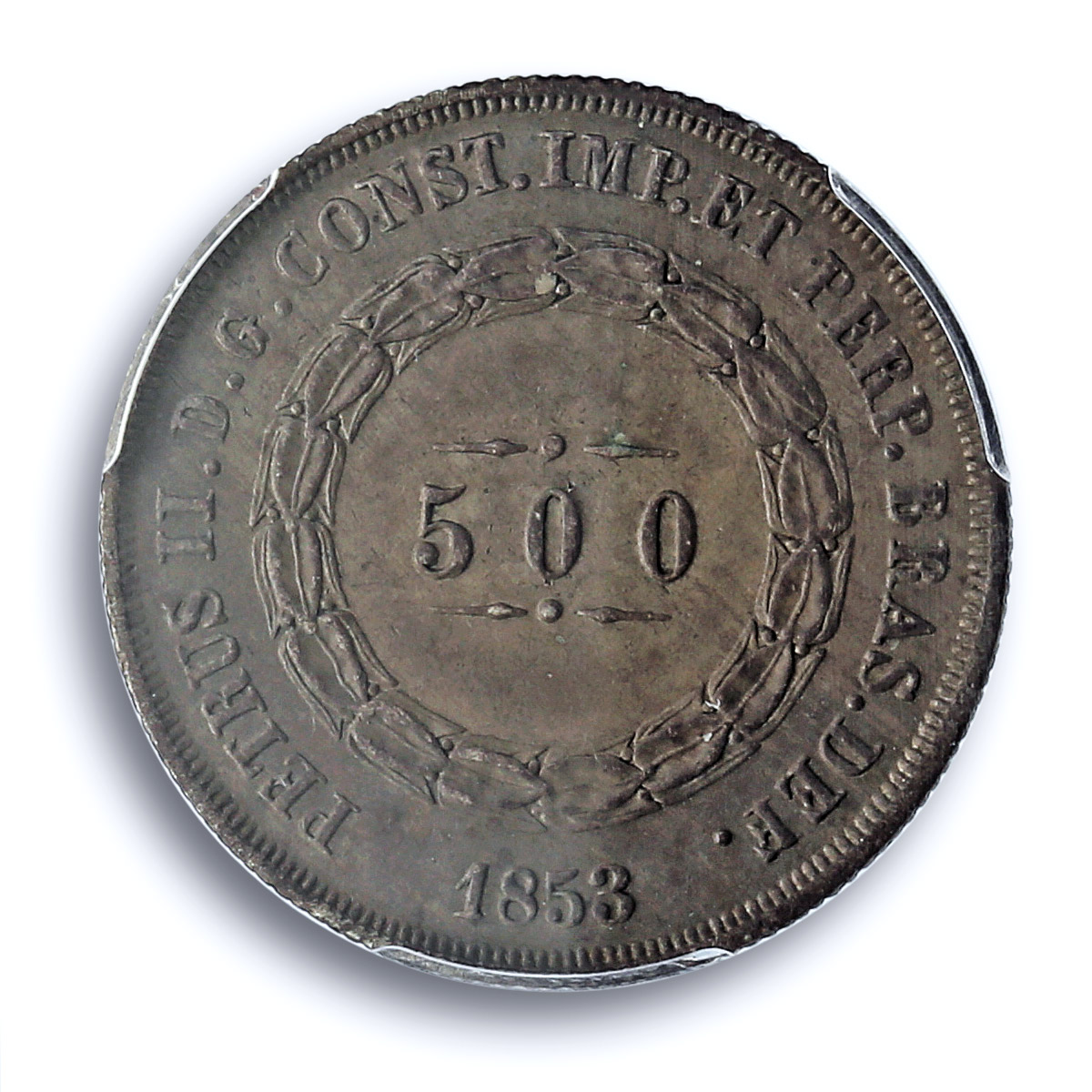 Brazil 500 reis King Pedro II Coinage KM-464 AU58 PCGS silver coin 1853 Brazil 500 reis King Pedro II Coinage KM-464 AU58 PCGS silver coin 1853