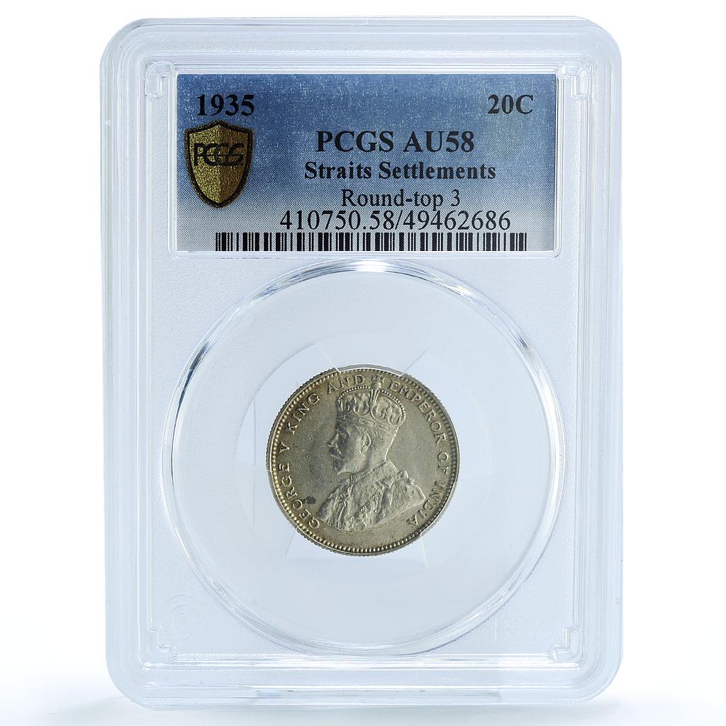 Straits Settlements 20 cents George V Round Top 3 KM-35b AU58 PCGS Ag coin 1935 Straits Settlements 20 cents George V Round Top 3 KM-35b AU58 PCGS Ag coin 1935