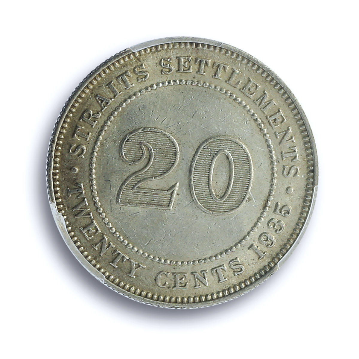Straits Settlements 20 cents George V Round Top 3 KM-35b AU58 PCGS Ag coin 1935 Straits Settlements 20 cents George V Round Top 3 KM-35b AU58 PCGS Ag coin 1935