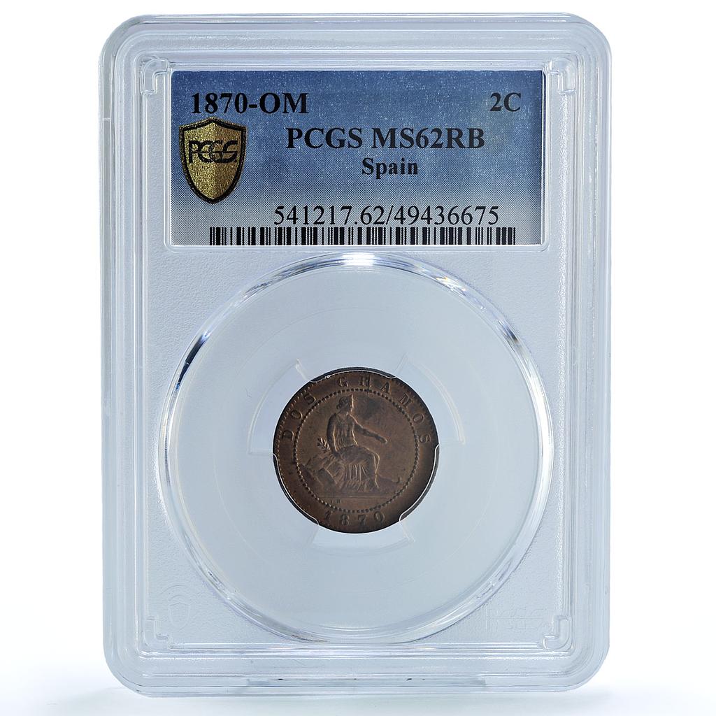 Spain 2 centimos Regular Coinage Seated Liberty MS62 PCGS bronze coin 1870 Spain 2 centimos Regular Coinage Seated Liberty MS62 PCGS bronze coin 1870