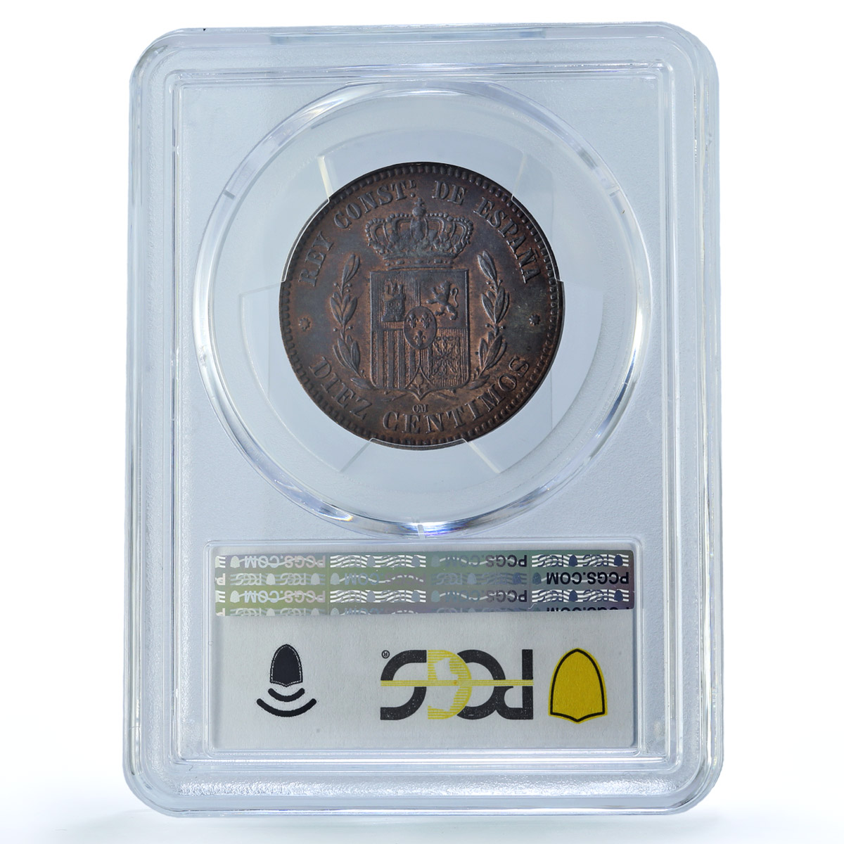 Spain 10 centimos King Alfonso XII Coinage OM KM-675 AU50 PCGS bronze coin 1878 Spain 10 centimos King Alfonso XII Coinage OM KM-675 AU50 PCGS bronze coin 1878