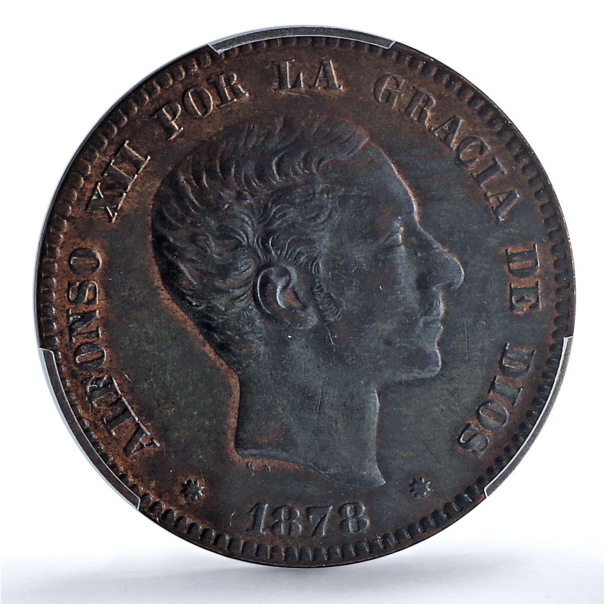 Spain 10 centimos King Alfonso XII Coinage OM KM-675 AU50 PCGS bronze coin 1878 Spain 10 centimos King Alfonso XII Coinage OM KM-675 AU50 PCGS bronze coin 1878