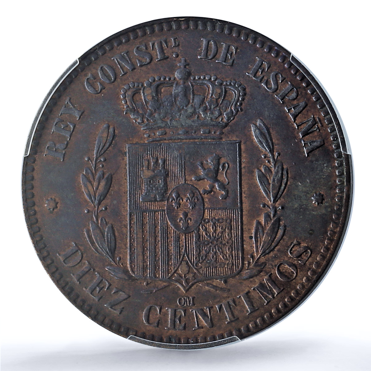 Spain 10 centimos King Alfonso XII Coinage OM KM-675 AU50 PCGS bronze coin 1878 Spain 10 centimos King Alfonso XII Coinage OM KM-675 AU50 PCGS bronze coin 1878