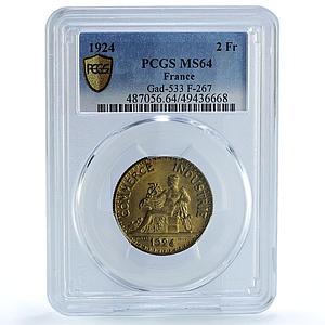 France 2 francs Mercury Commerce Chambers Coinage MS64 PCGS CuAl coin 1924