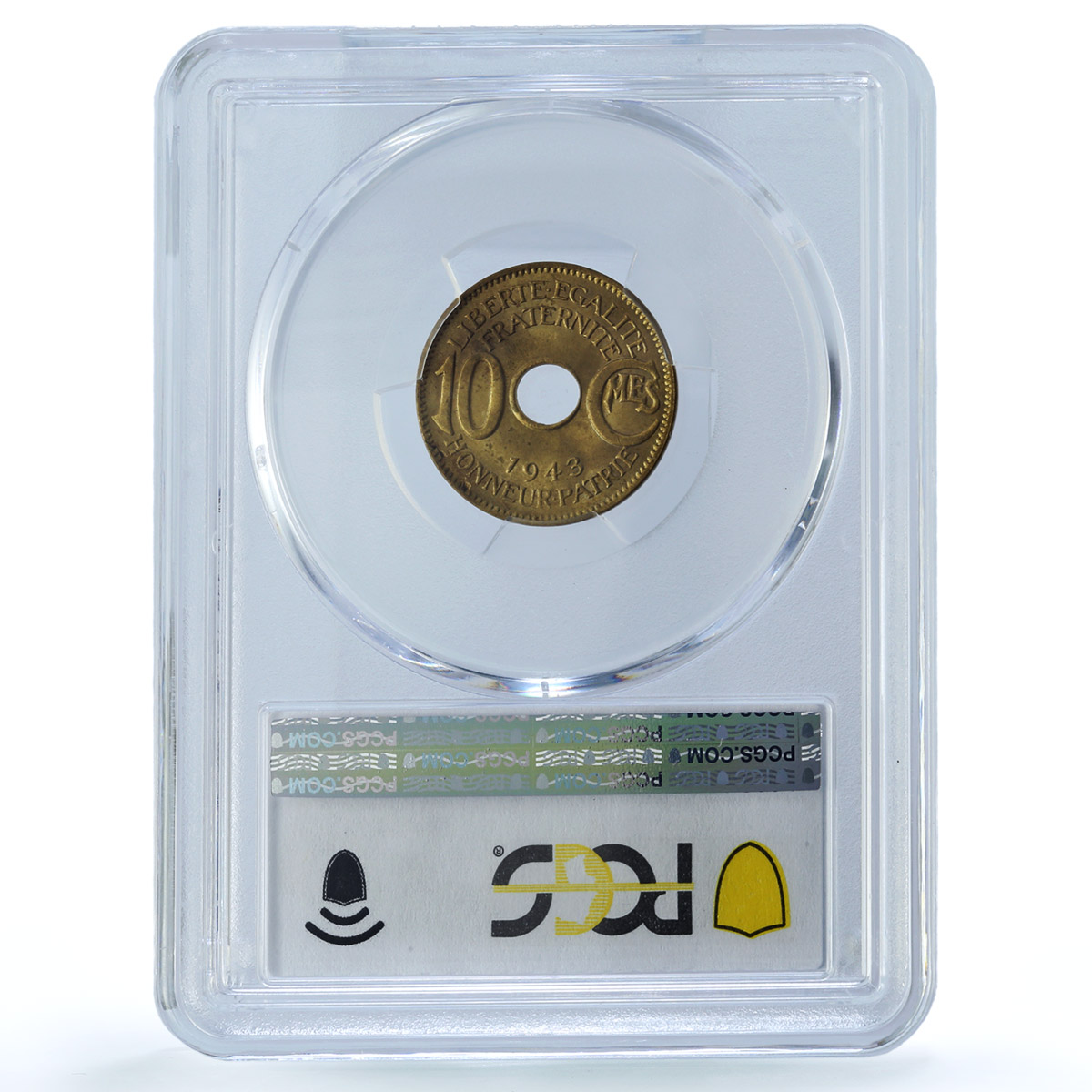 France East Africa 10 centimes Republic Coinage KM-4 MS64 PCGS brass coin 1943 France East Africa 10 centimes Republic Coinage KM-4 MS64 PCGS brass coin 1943