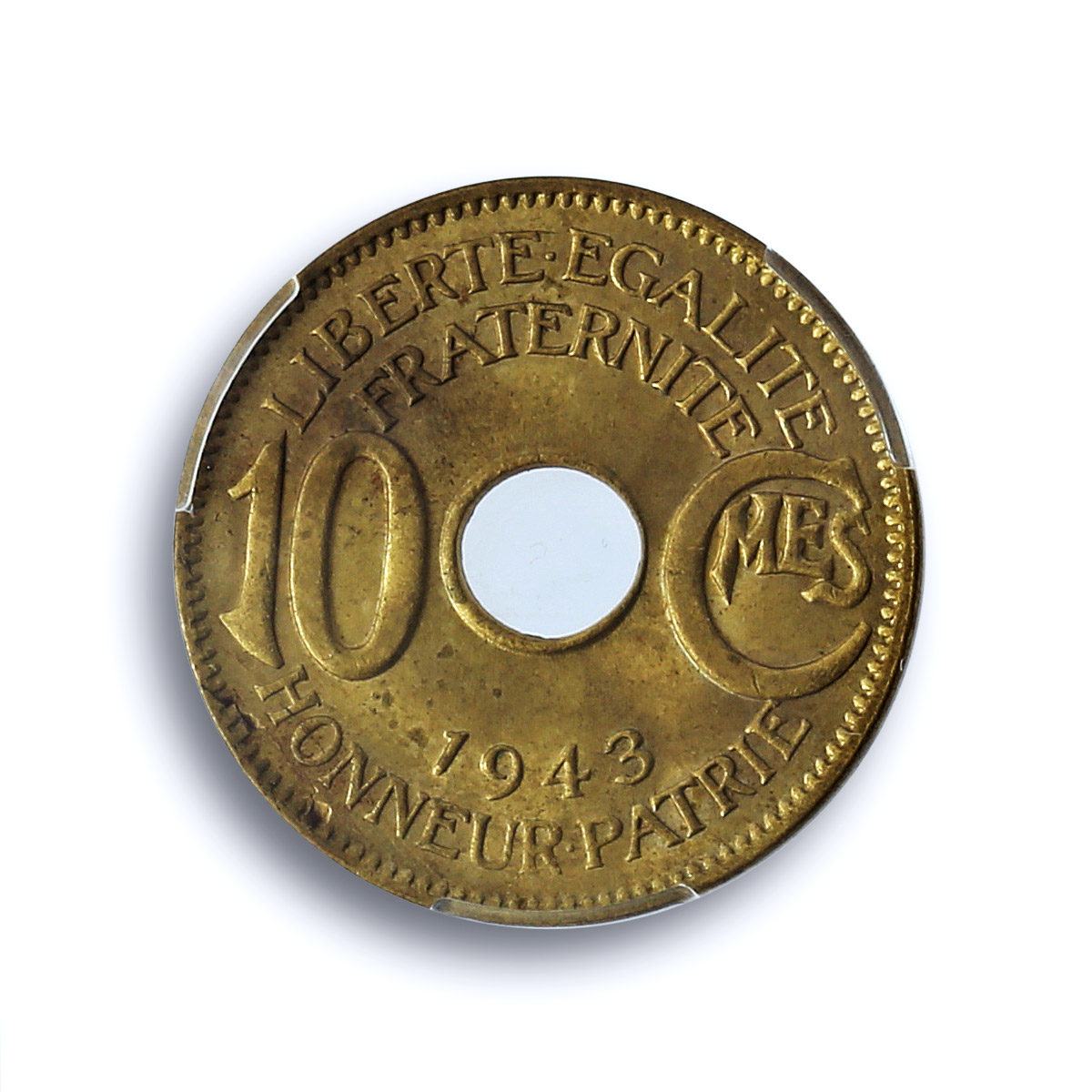 France East Africa 10 centimes Republic Coinage KM-4 MS64 PCGS brass coin 1943 France East Africa 10 centimes Republic Coinage KM-4 MS64 PCGS brass coin 1943
