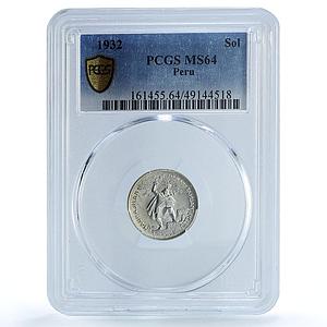 Peru 1 sol Republic Coinage National Defence Indian MS64 PCGS silver coin 1932