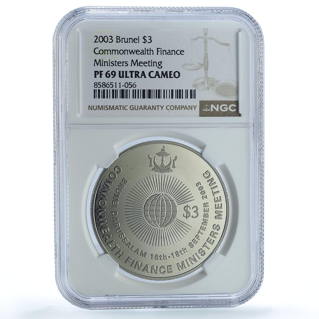 Brunei 3 dollars Finance Ministers Meeting KM-77 PF 69 NGC CuNi coin 2003 Brunei 3 dollars Finance Ministers Meeting KM-77 PF 69 NGC CuNi coin 2003