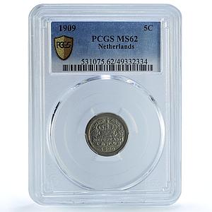Netherlands 5 cents Regular Coinage Queen Wilhemina MS62 PCGS CuNi coin 1909