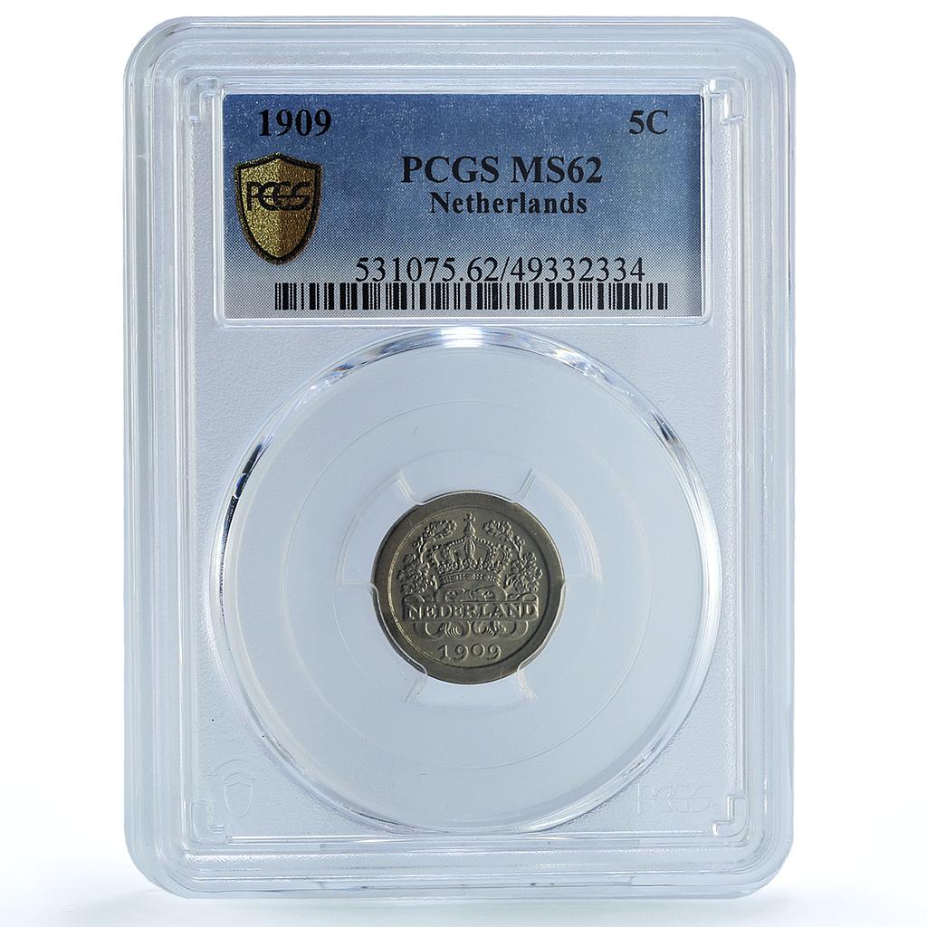 Netherlands 5 cents Regular Coinage Queen Wilhemina MS62 PCGS CuNi coin 1909 Netherlands 5 cents Regular Coinage Queen Wilhemina MS62 PCGS CuNi coin 1909