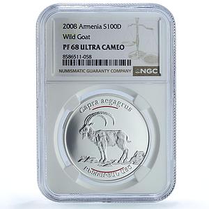Armenia 100 dram Wild Goat KM-167 Wildlife Fauna PF 68 NGC silver coin 2008